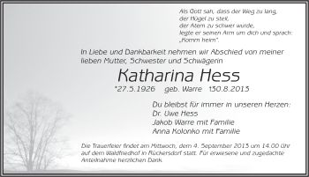 Traueranzeige von Katharina Hess von Pegnitz-Zeitung